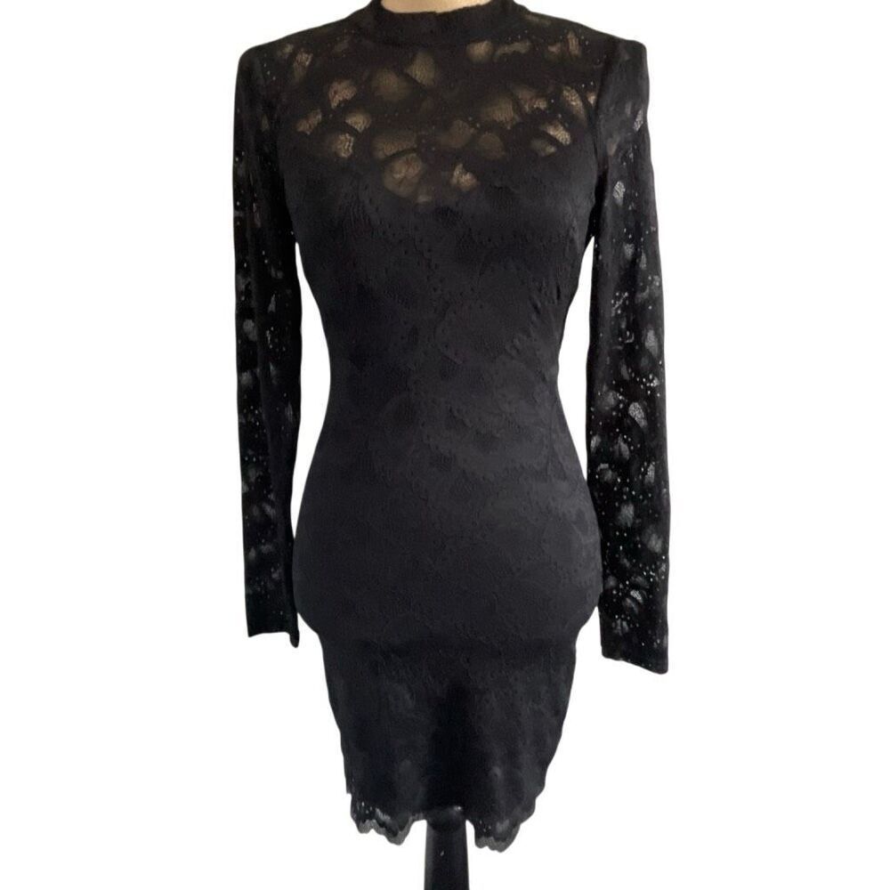 EUC Bebe Lace Long Sleeve High Neck Open Back Bodycon Black Mini Dress XS - Picture 4 of 11